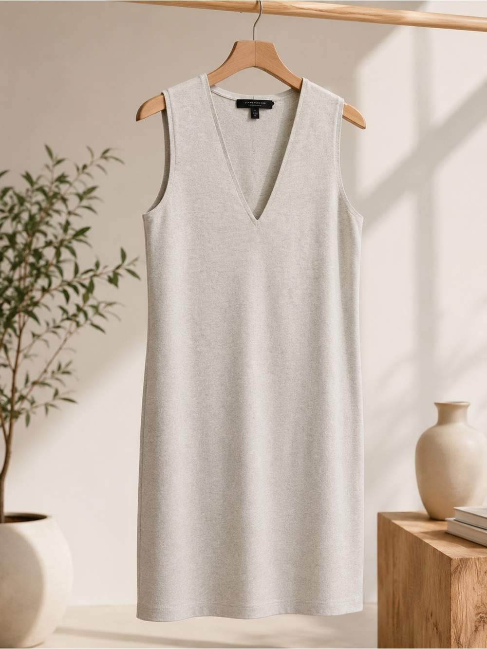 Sleeveless V-Neck Knit Dress - Light Beige